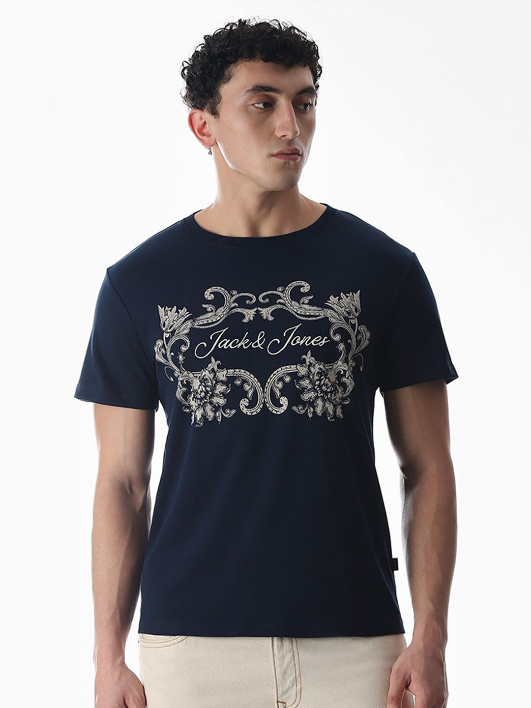 Jack & Jones Men Brand Logo Printed Slim Fit Cotton T-shirt