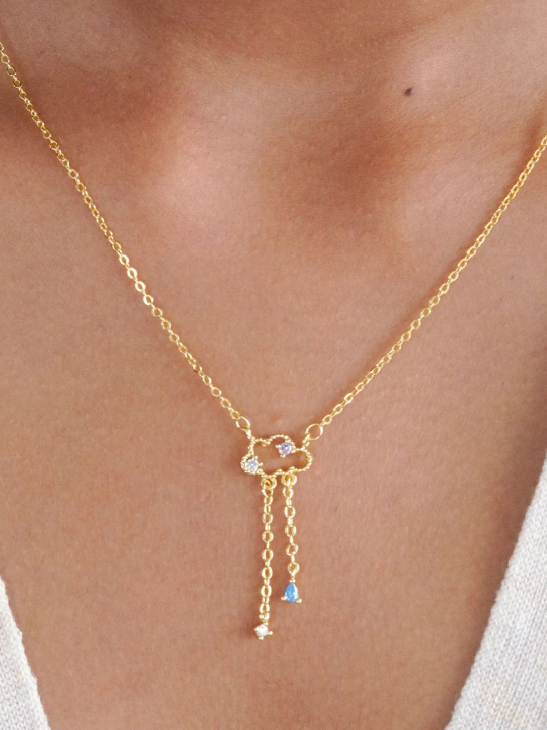 AQUASTREET 18K Gold Plated Anti-Tarnish Zircon Cloud Drops Pendant Necklace