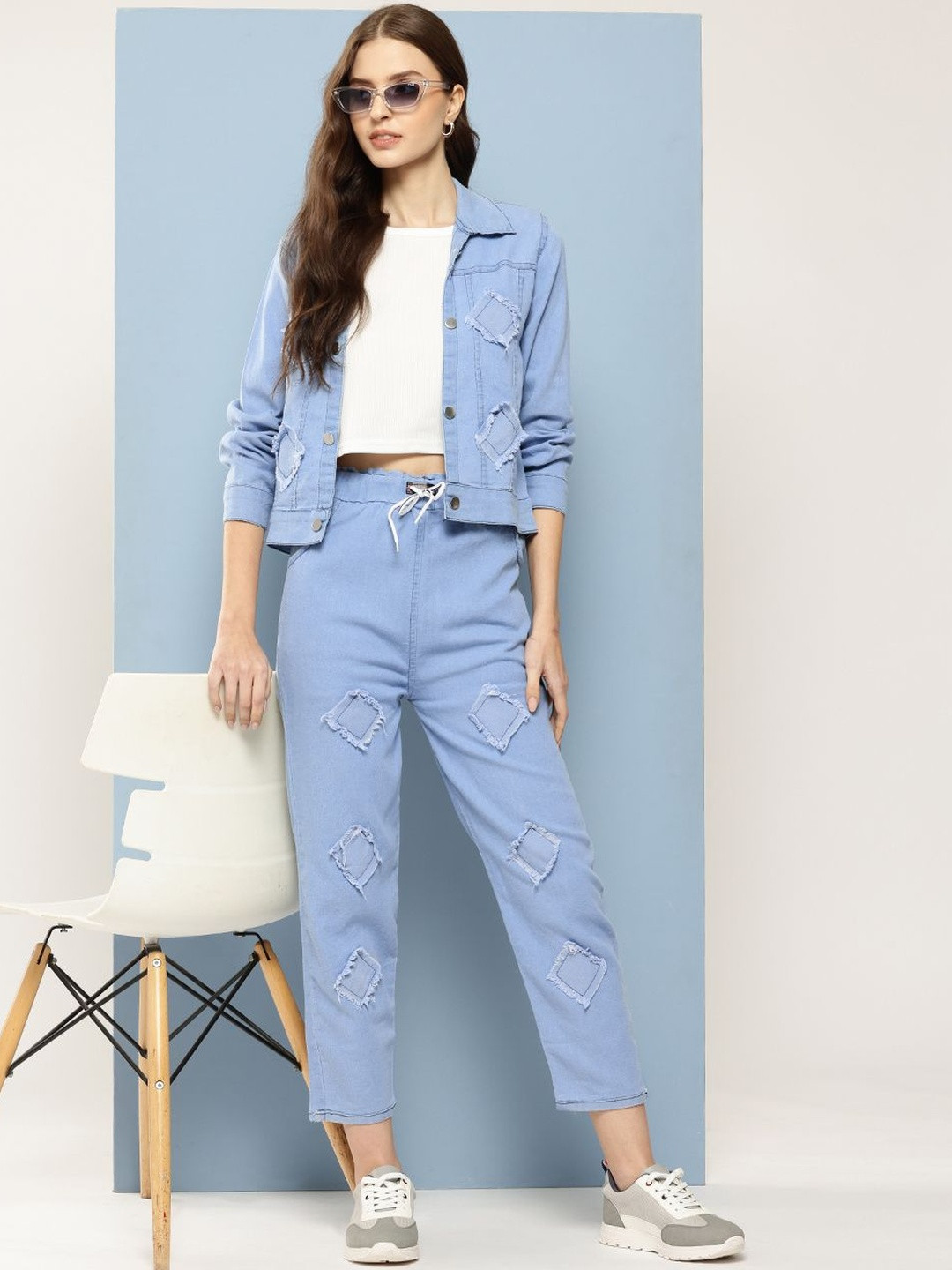 CORSICA Women Blue Casual Wear Pure Cotton Solid Denim Co-ord Set