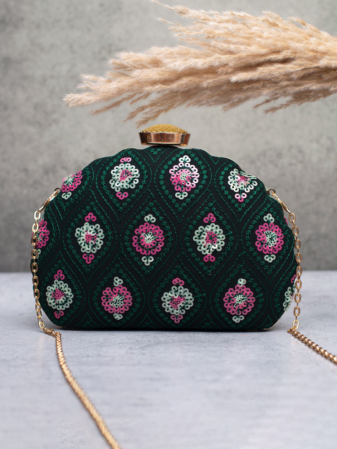 ARTKLIM Women Embroidered Half Moon Emerald Blossom Clutch