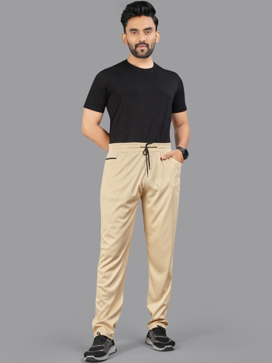 ISUEL FAB Men Cream Cotton Solid Running Relaxed Fit Track Pants