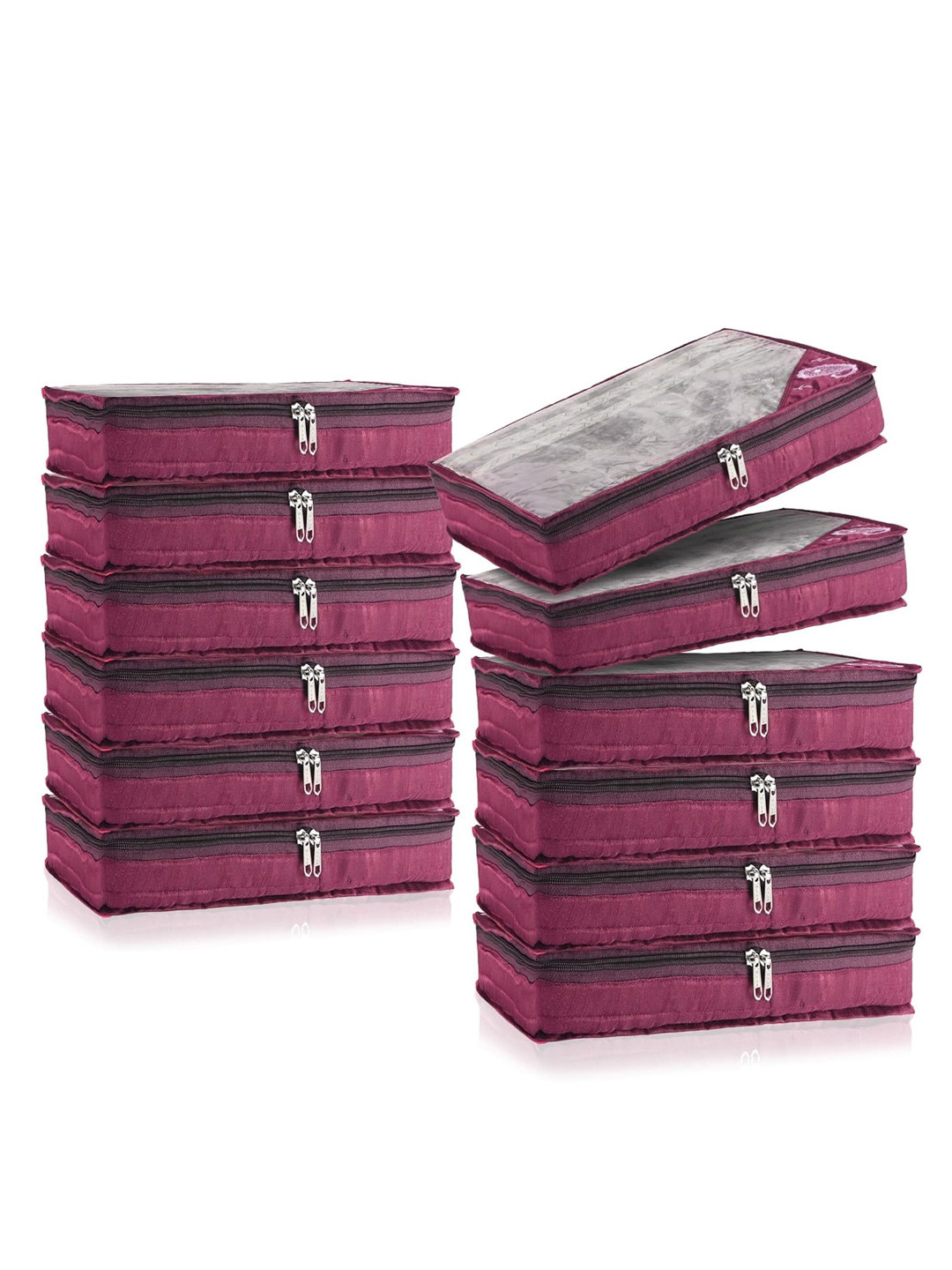 Kuber Industries Set Of 12 Purple & Transparent Solid Satin Single Packing Saree Cover Organizers