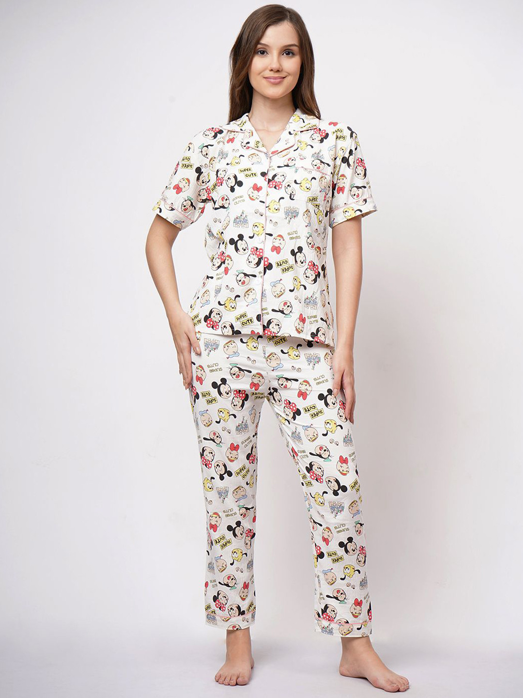 ADDYVERO Women Cartoon Characters Printed Lapel Collar Shirt & Pyjamas