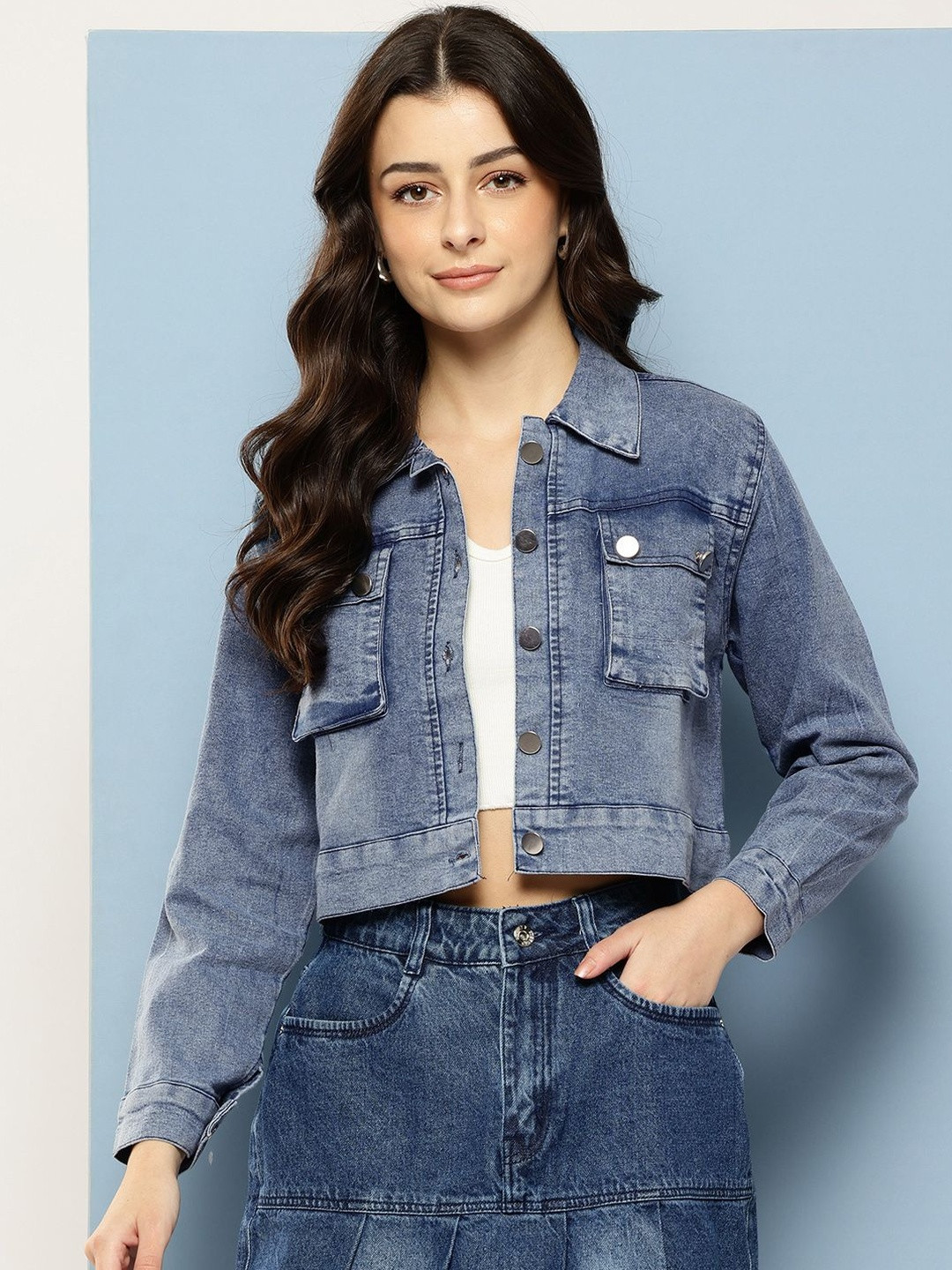 CORSICA Women Blue Cotton Casual Wear Solid Denim Jacket