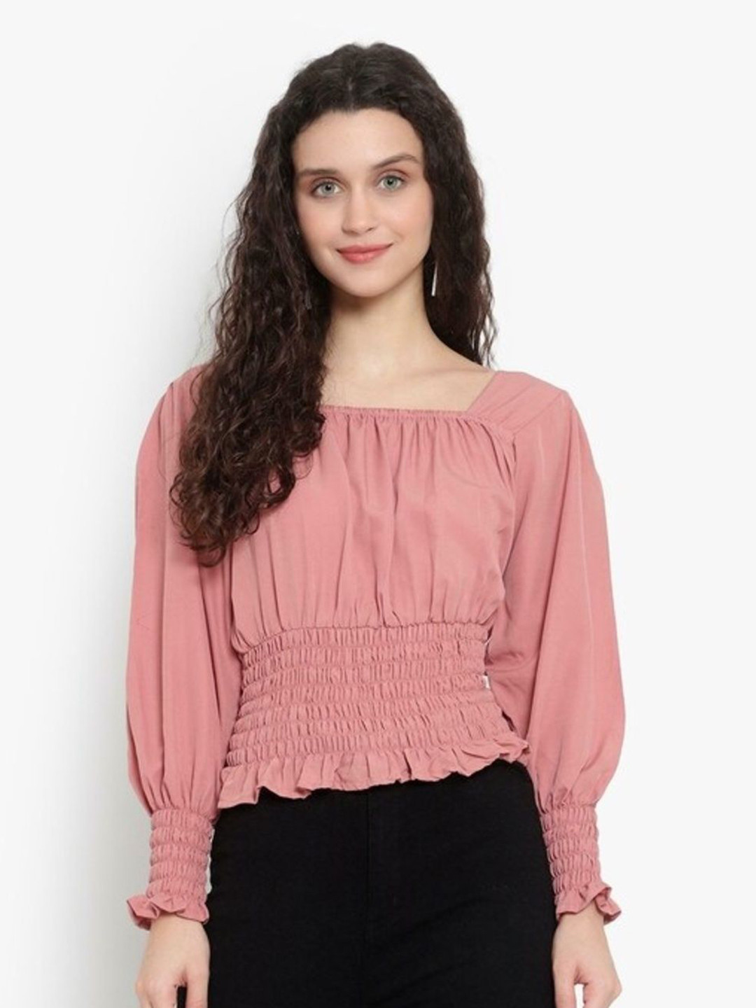 soni clothings Women Smocked Square Neck Long Sleeve Top