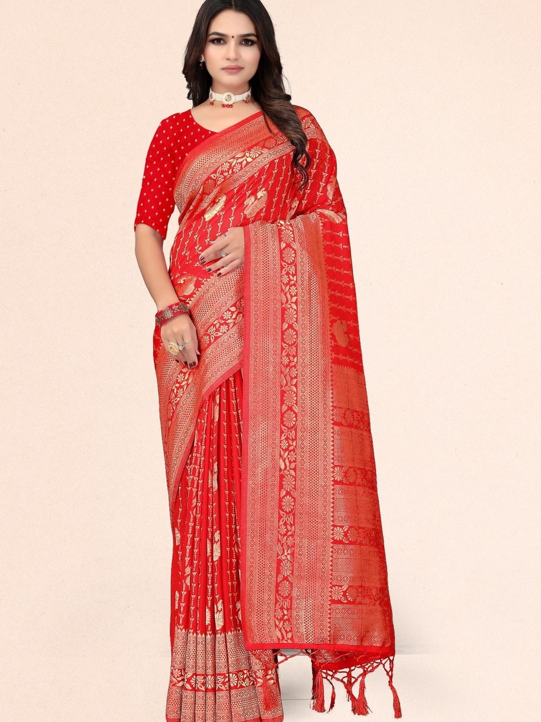 Suha Red Golden Zari Woven Design Crepe Georgette Sarees