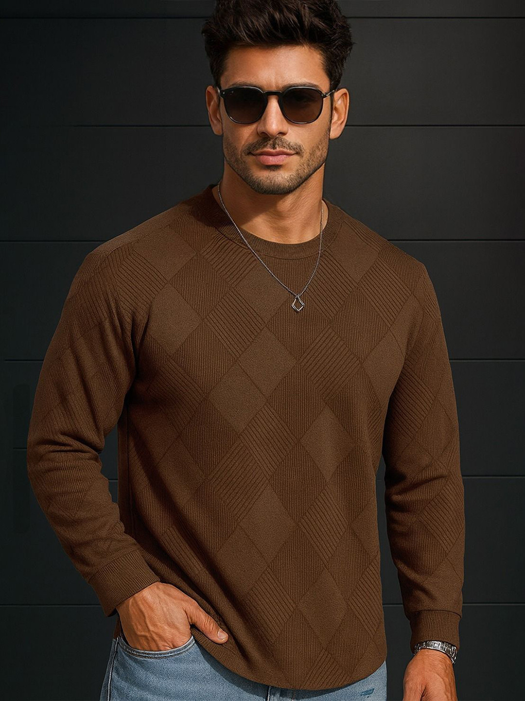 Force Men Geometric Self Design Round Neck T-Shirt