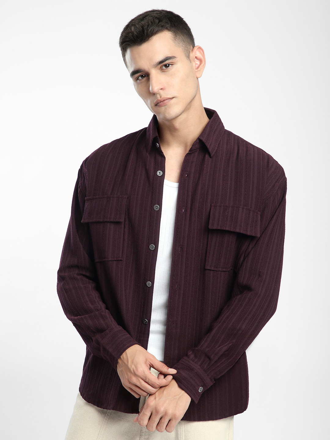 Beyoung Men French Wine Structured Stripe Shirt