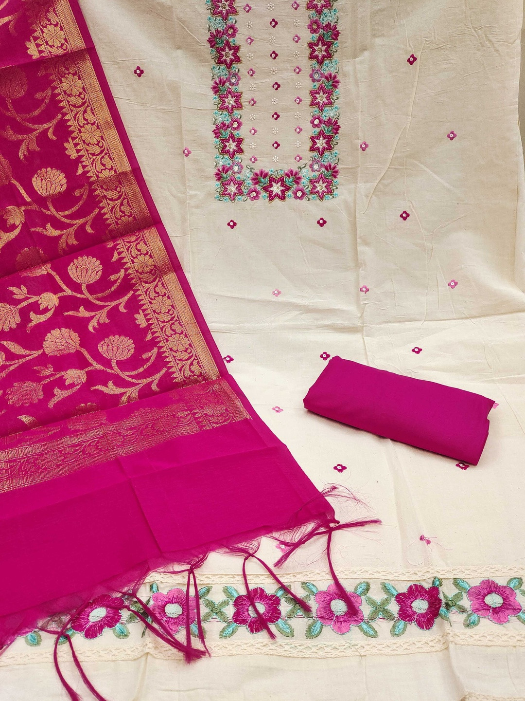 KALINI Women Embroidered Unstitched Cotton Dress Material