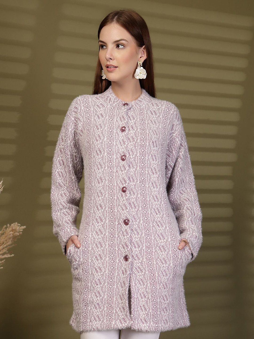 Clora Creation Women Solid Self Design Button-Down Woolen Cardigan