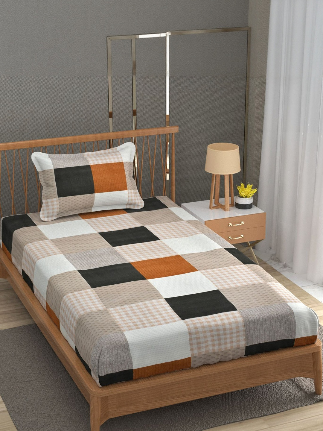 FURNOFY Multicoloured Checked Skin-Friendly 130 GSM Single Bedsheet with 1 Pillow Covers