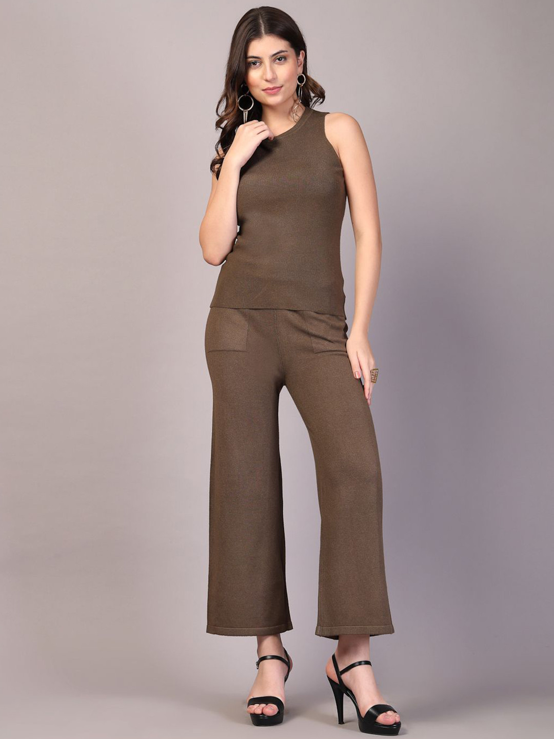 Mafadeny Women's 3-Pcs Round Neck Co-ord Set with Ribbed Cardigan & Wide-Leg Pants