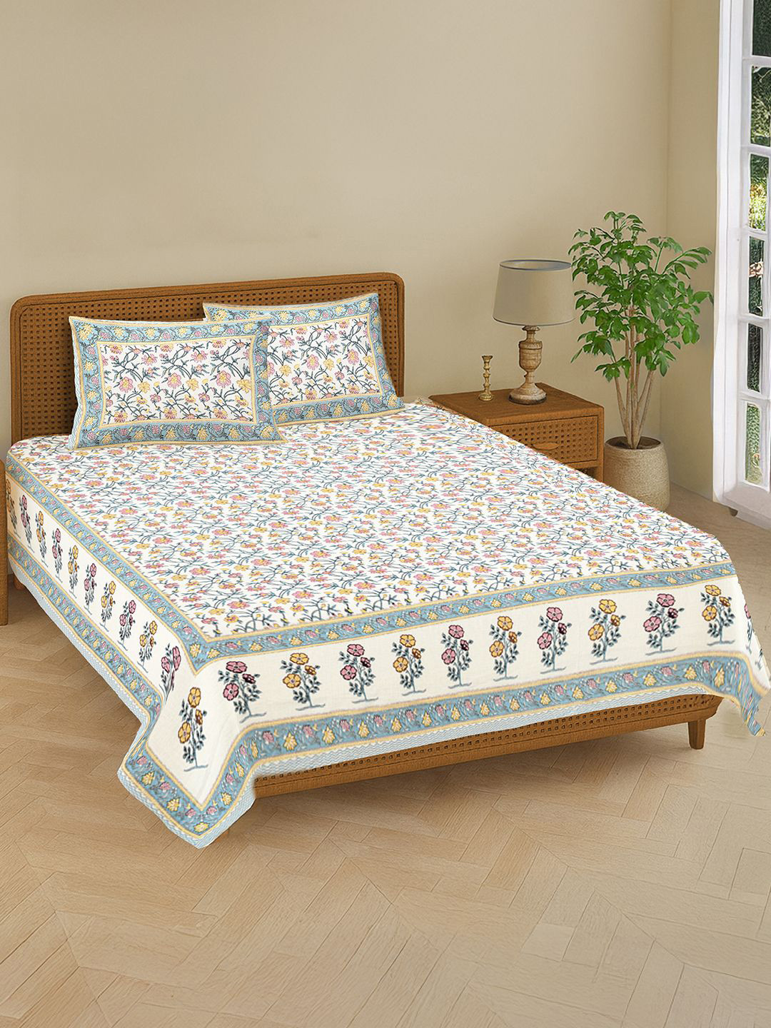 Jagmandir Blue Floral Pure Cotton 240 Tc Double King Bedsheet Set