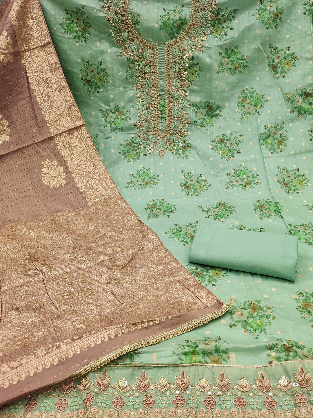 KALINI Silk Blend Green Woven Design Dress Material