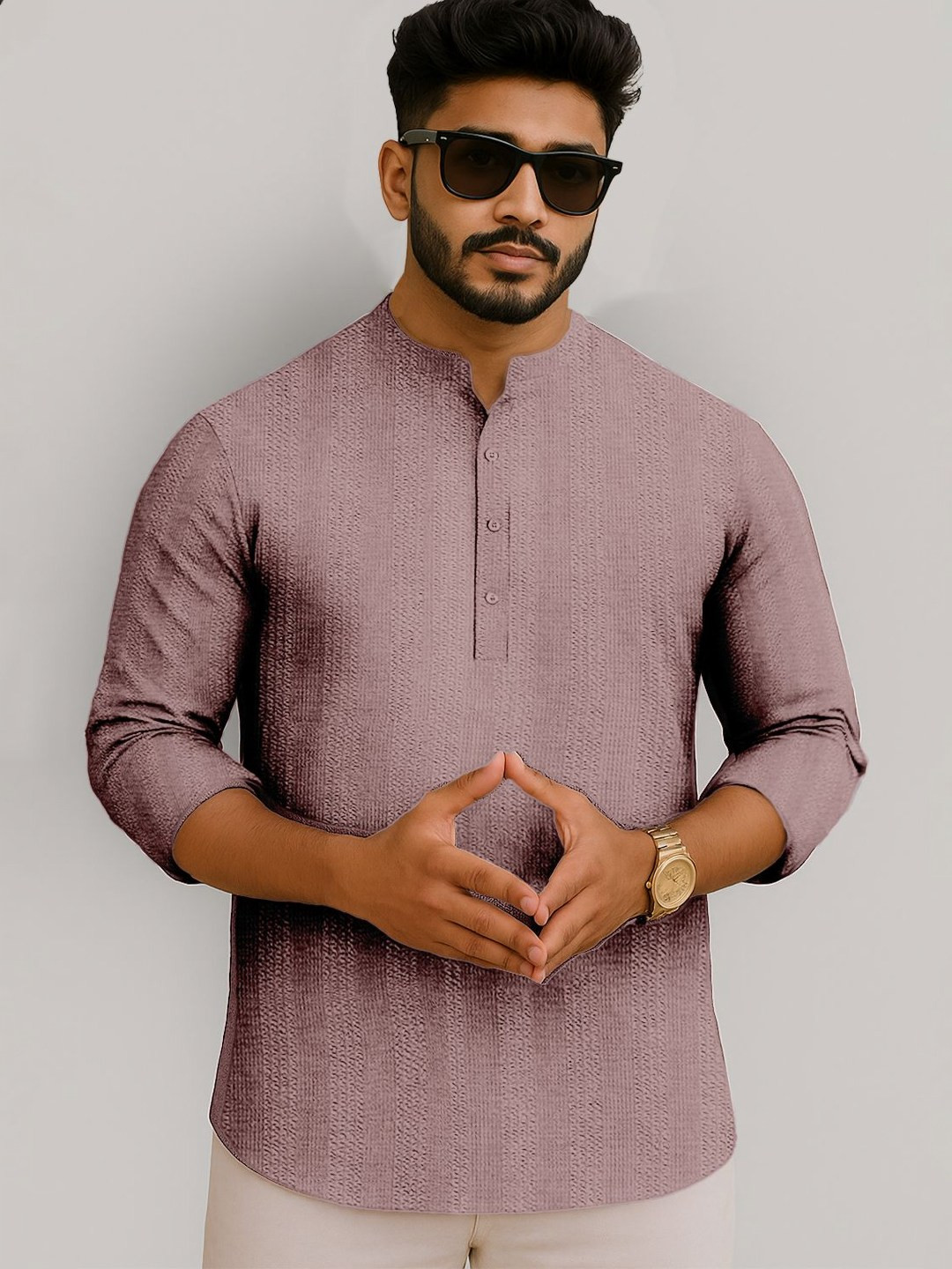 Force Men Self Design Mandarin Collar T-shirt