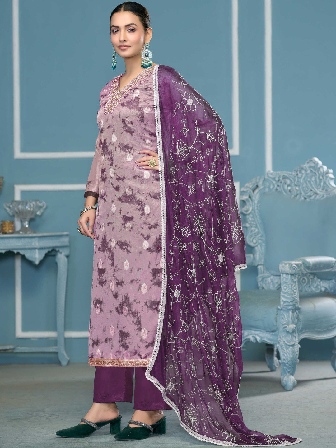 KALINI Women Purple Silk Blend Embellished Organza Unstitched Dress Material