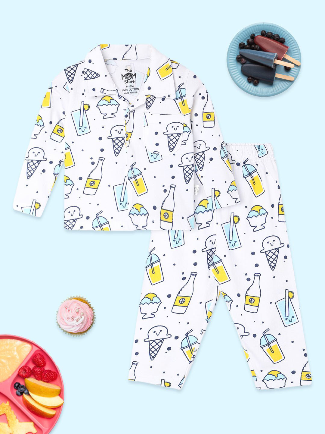 The Mom Store Kids White & Yellow Printed Night suit