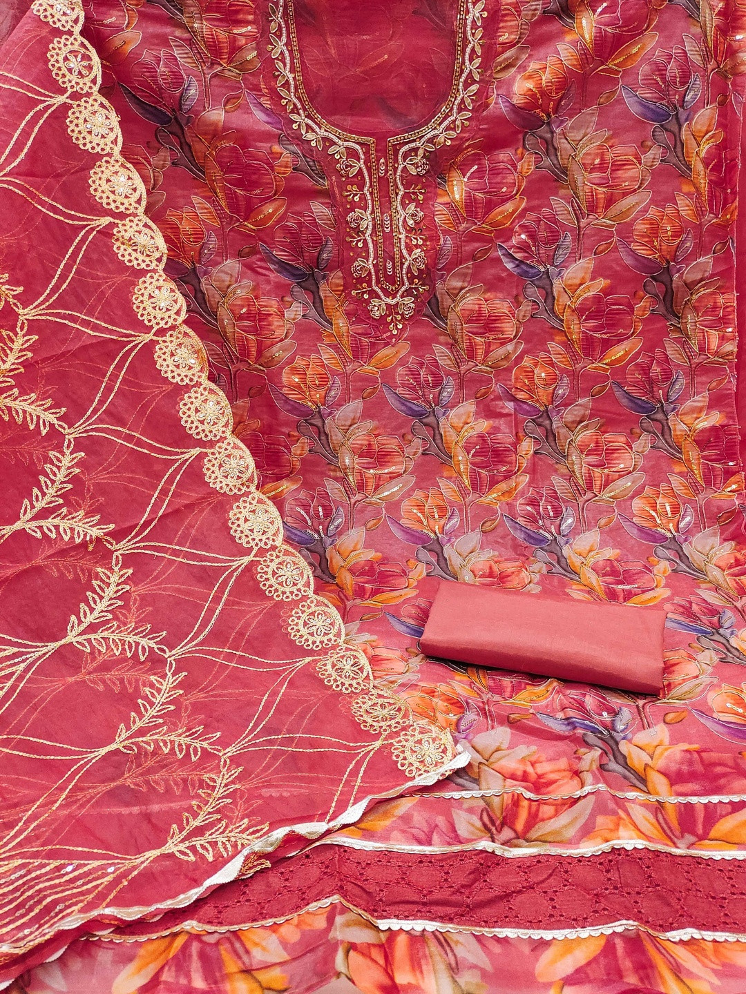 KALINI Women Organza Embroidery Dress Material With Dupatta