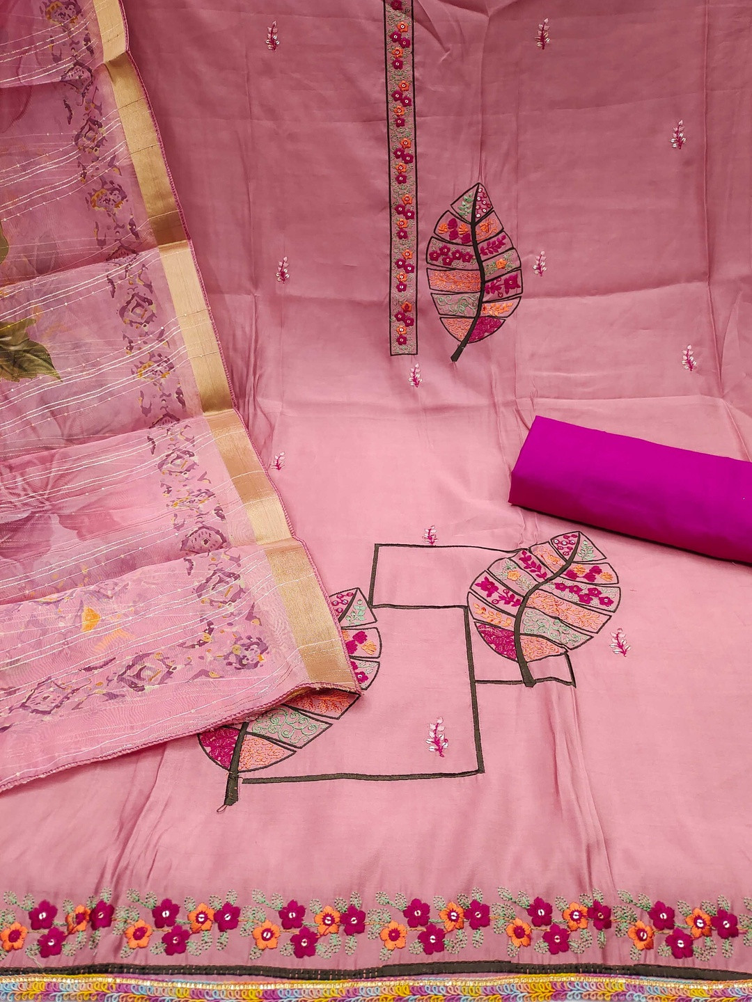 KALINI Women Pink Pure Cotton Silk Sequence Dress Material With Dupatta