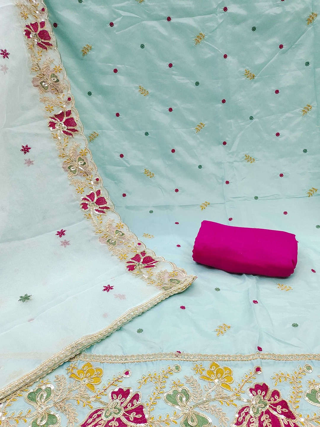 KALINI Organza Sea Green Embroidered Dress Material