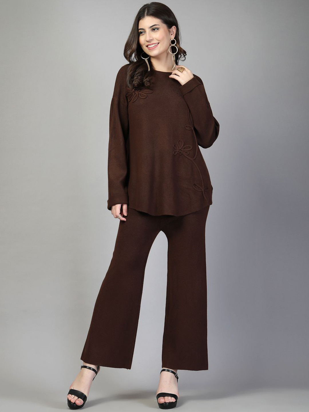 Mafadeny Winter 2-Piece Round Neck Co-ord Set with Floral Applique Tunic & Wide-Leg Pants