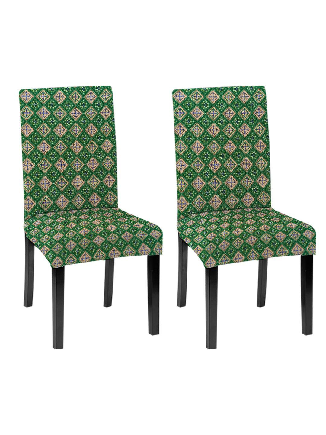 Lazi 200 GSM 2 Pieces Green & Beige Printed Stretchable Dining Chair Covers