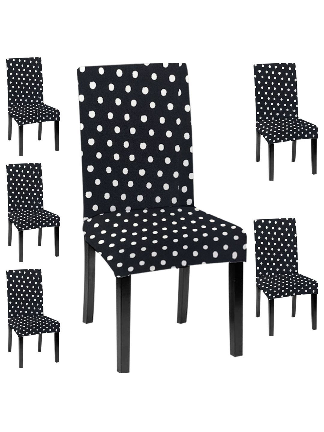 Lazi 200 GSM 6 Piece Black & White Printed Polka Dot Stretchable Dining Chair Cover