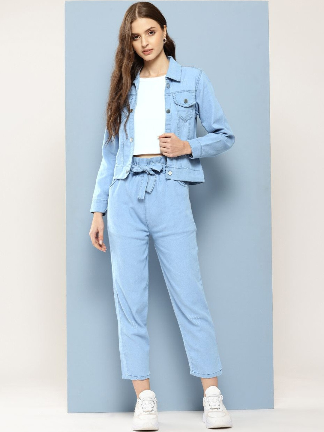CORSICA Women Blue Casual Wear Pure Cotton Solid Denim Co-ord Set