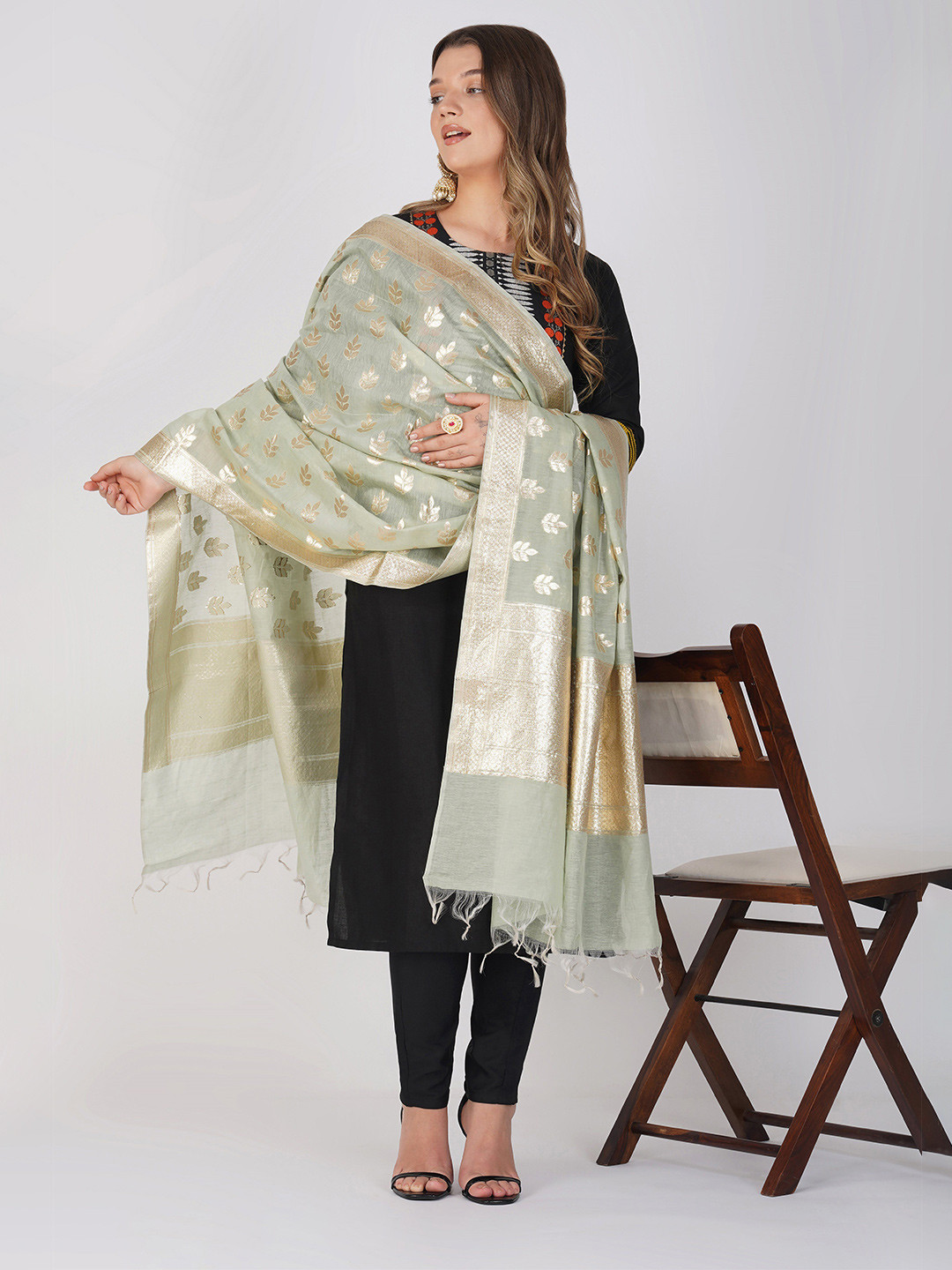 Zal from Benaras Floral Woven Design Linen Banarasi Dupatta With Zari