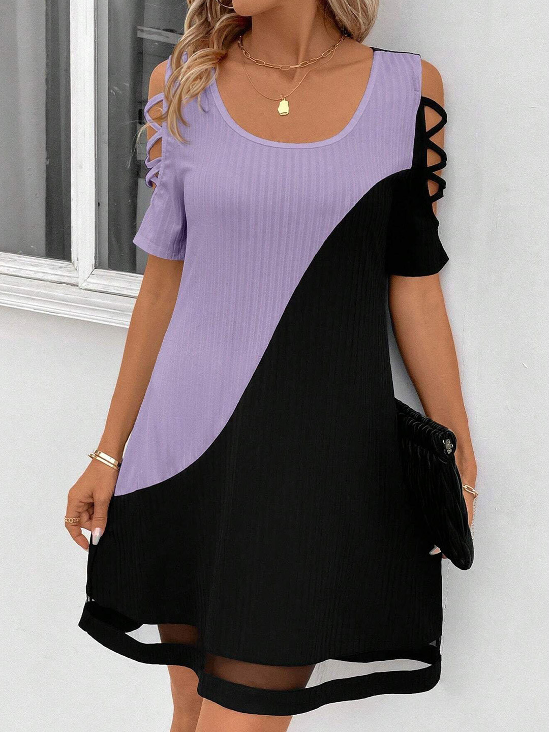 StyleCast Women Colourblocked Cut-Out Cold-Shoulder A-Line Mini Dress