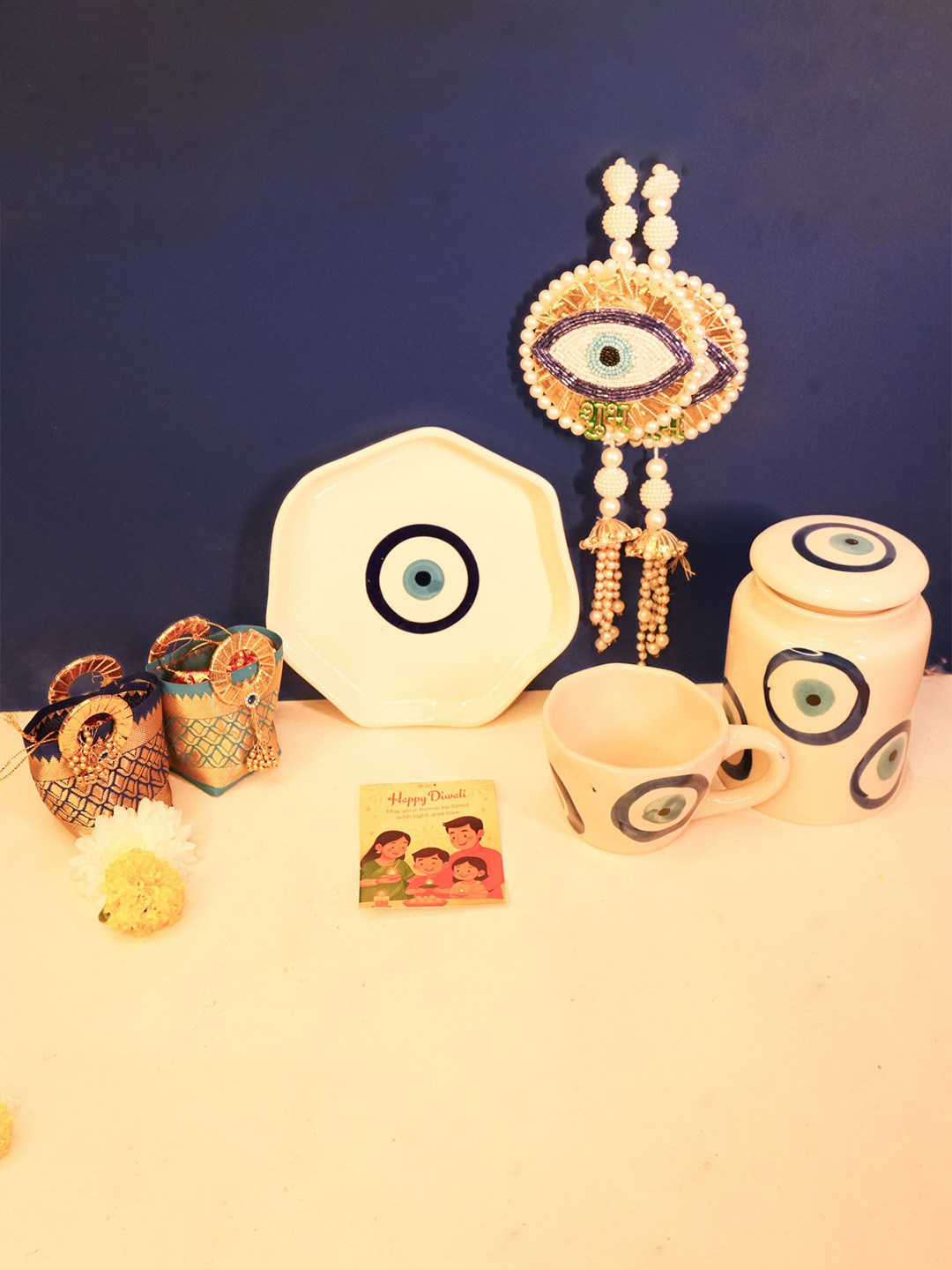 ArteCasa Beige & Blue 7 Pieces Nazar Suraksha Evil-Eye Ceramic Home Gift Set Diwali Box