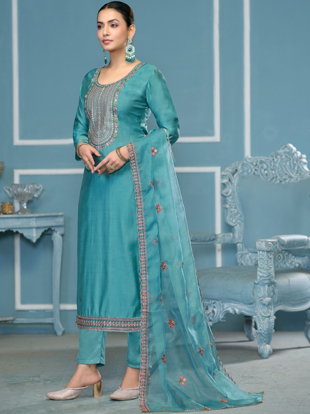 KALINI Cotton Blend Blue Embroidered Dress Material