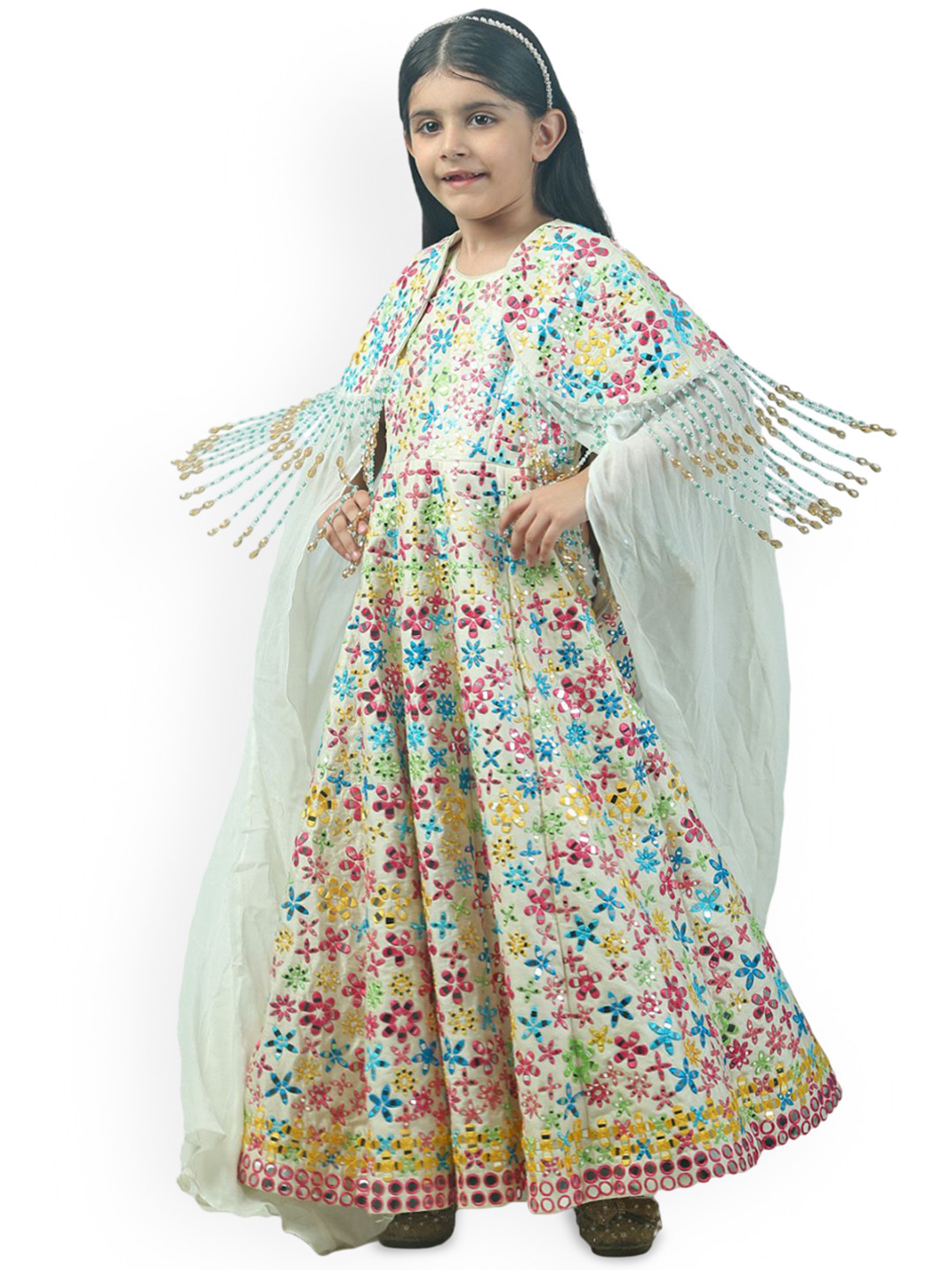 Alyaansh Couture Girls Floral Printed Anarkali Pure Cotton Ethnic Dress With Cape