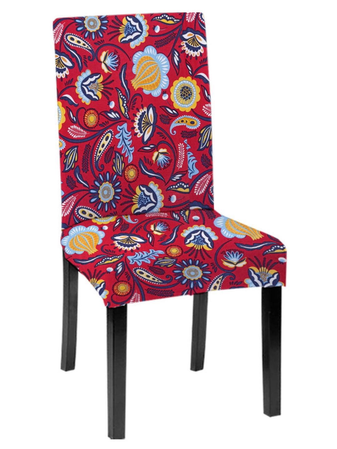 Lazi 200 GSM 1 Piece Red & Blue Floral Printed Stretchable Dining Chair Cover