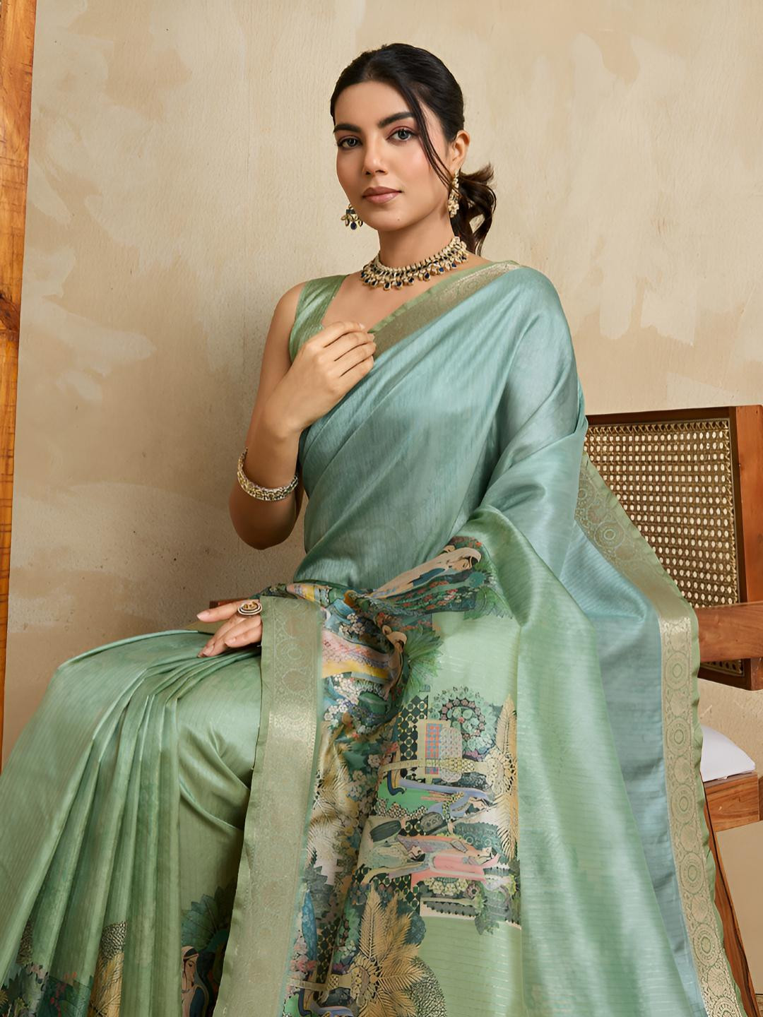 100 Dreams Kalamkari Printed Zari Saree With Tassels