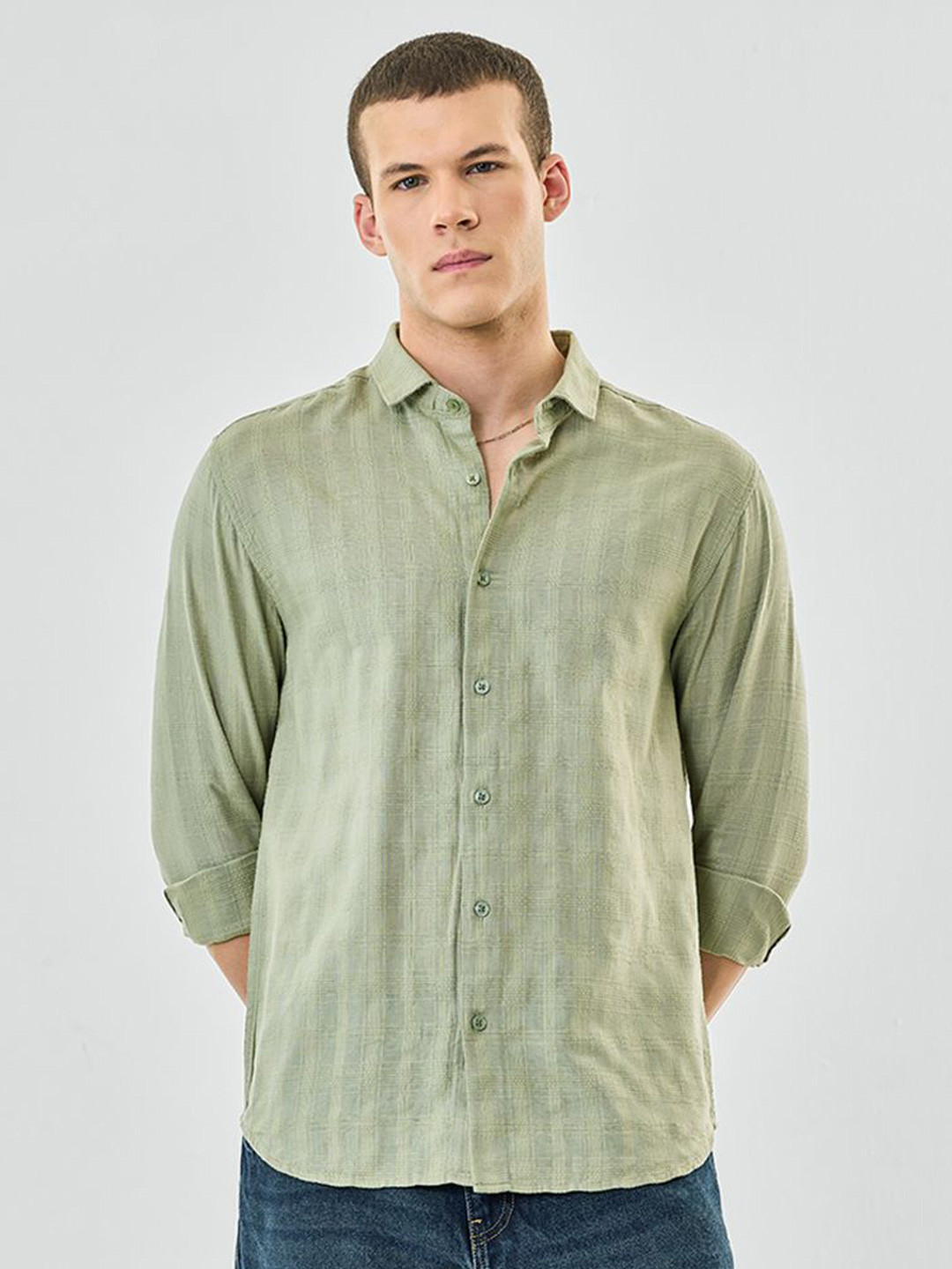Snitch Men Light Green Textured Casual Shirt
