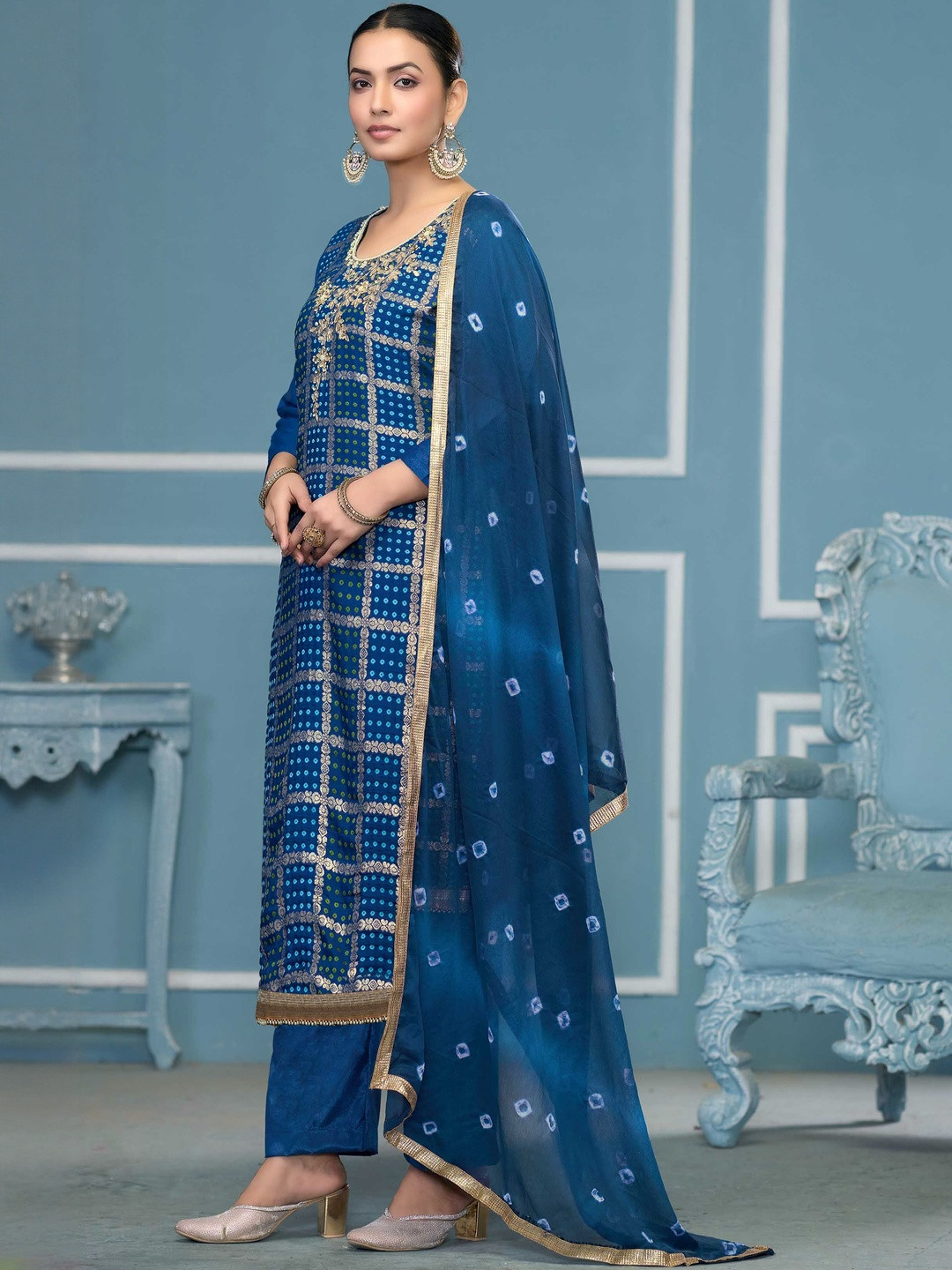 KALINI Cotton Blend Blue Woven Design Dress Material