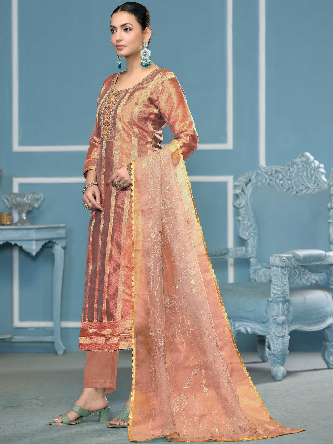 KALINI Women Rose Organza Woven Silk Design Unstitched Dress Material