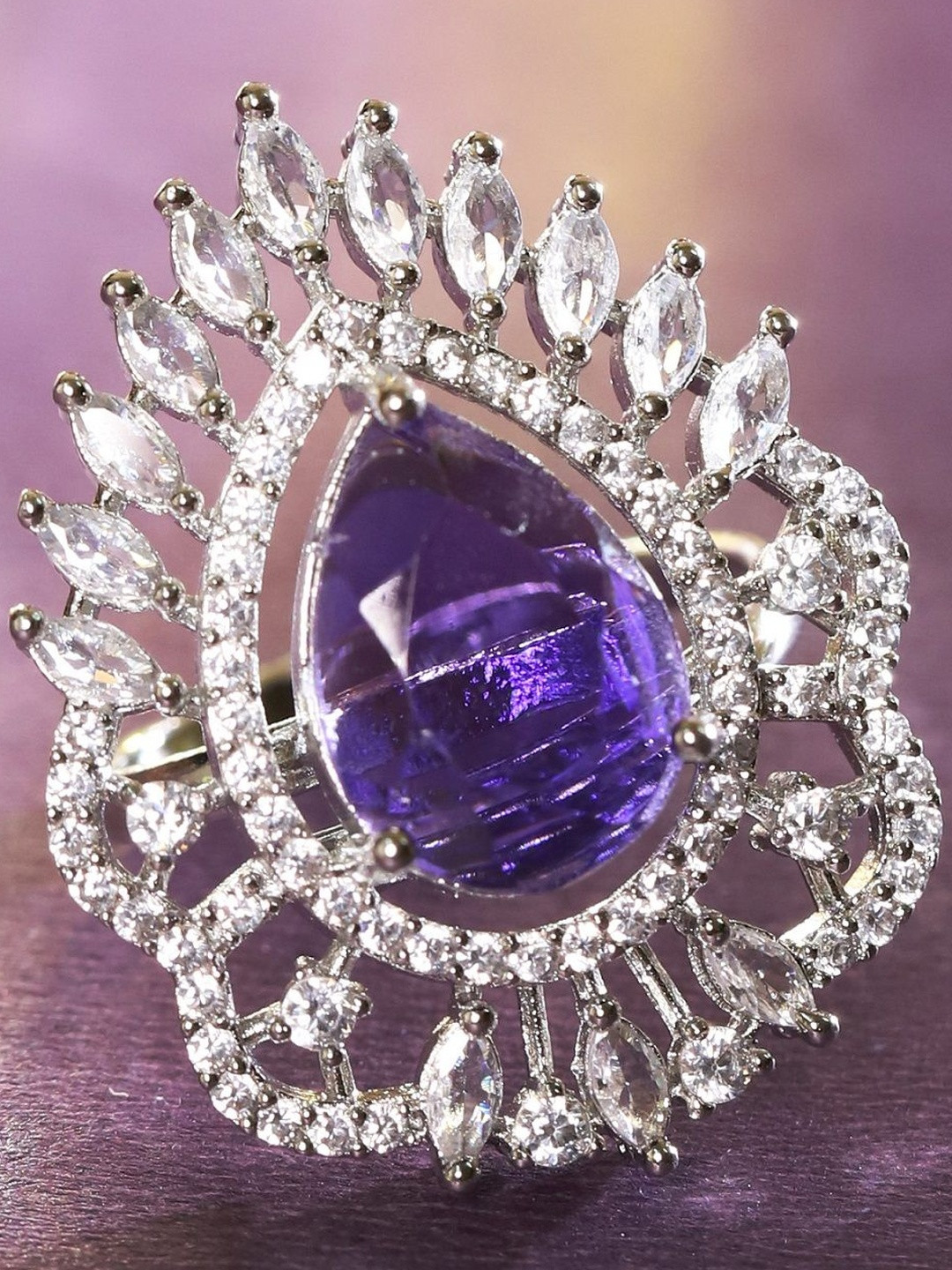 Manuvi Jewels Women Violet Silver-Plated Teardrop Stone American Diamond Adjustable Ring