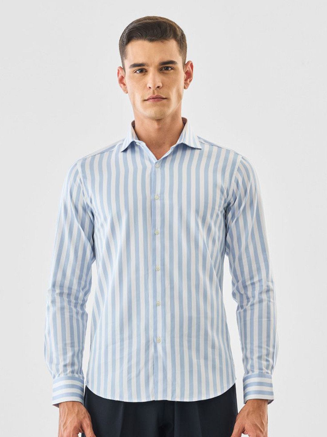 Snitch Men Light Blue Striped Cotton Shirt