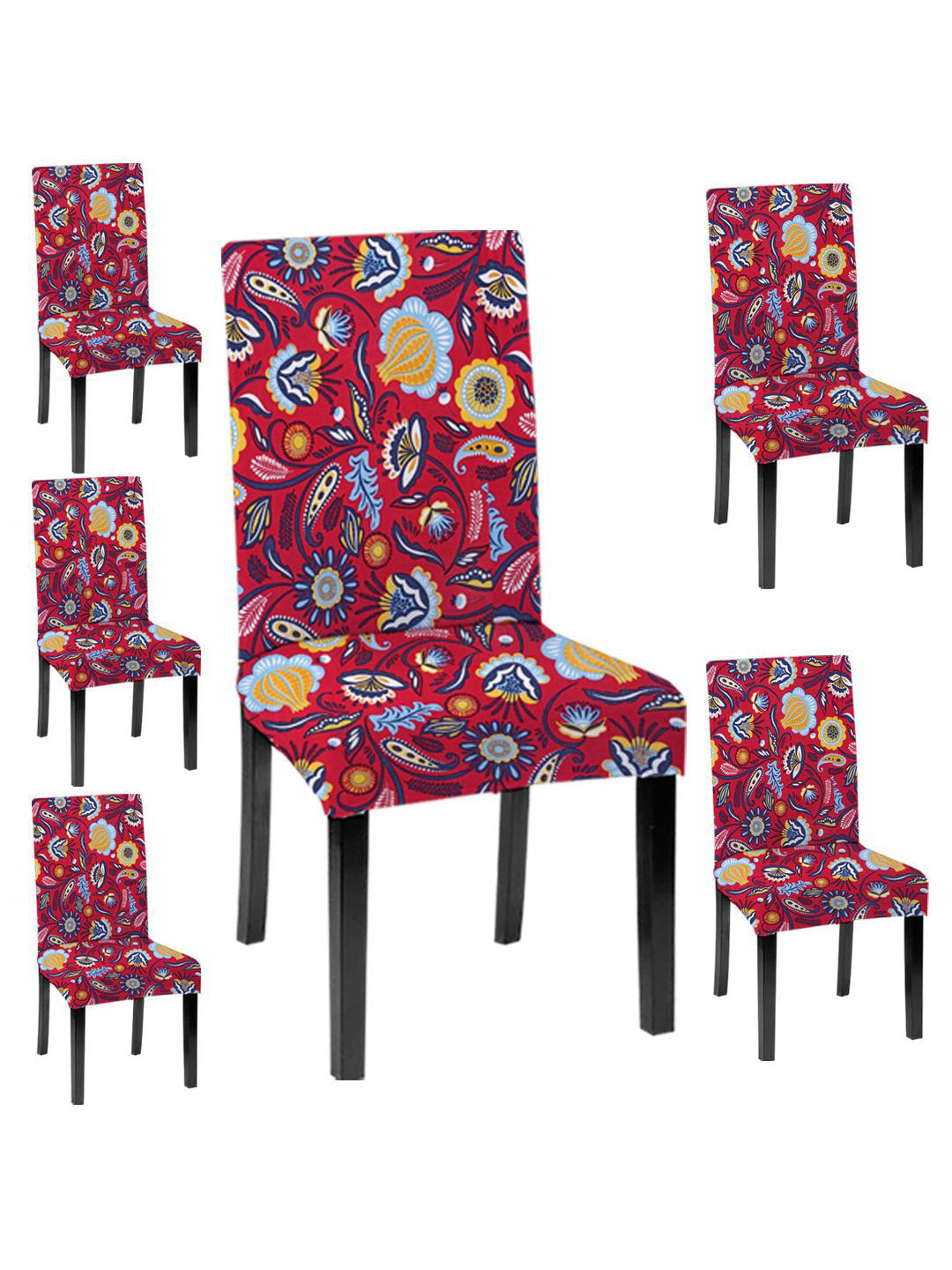 Lazi 200 GSM 6 Pieces Red & Blue Floral Stretchable Dining Chair Covers