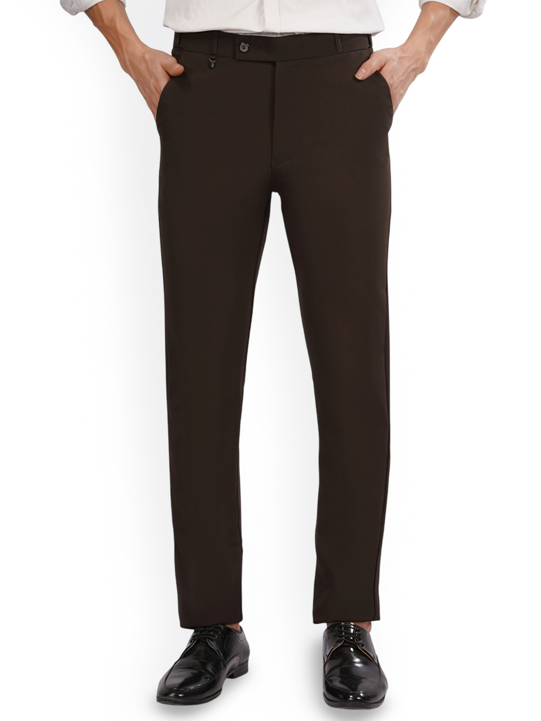 FLAKED Men Mocha Mousse Smart Flexi Belt Regular Fit Formal Trousers
