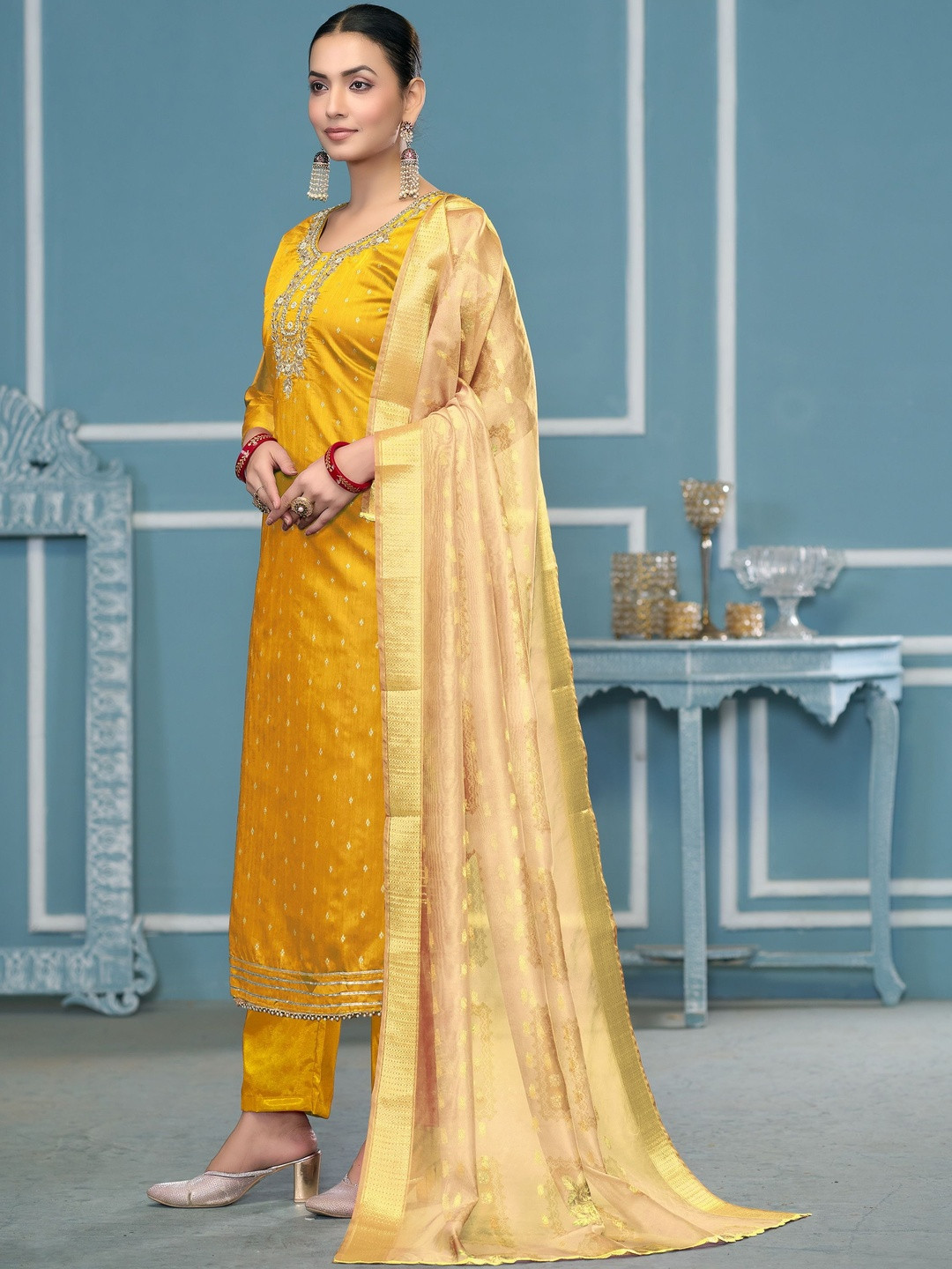 KALINI Cotton Blend Yellow Woven Design Dress Material