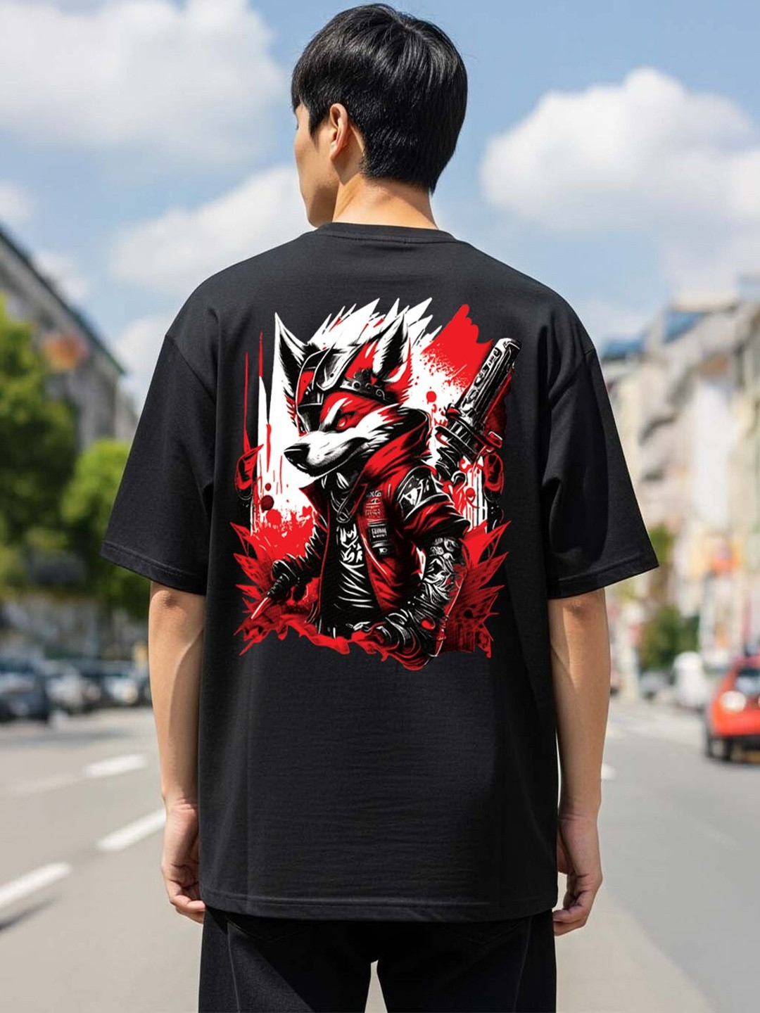 SZN Men Black Blended Printed Drop-Shoulder Half Sleeve Round Neck Oversized T-shirt