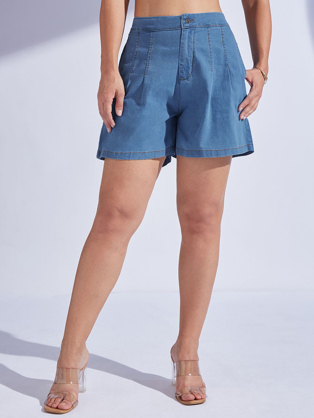 Women's Flared High-Rise Regular-Length Stretchable Special Light-Weight Denim Shorts