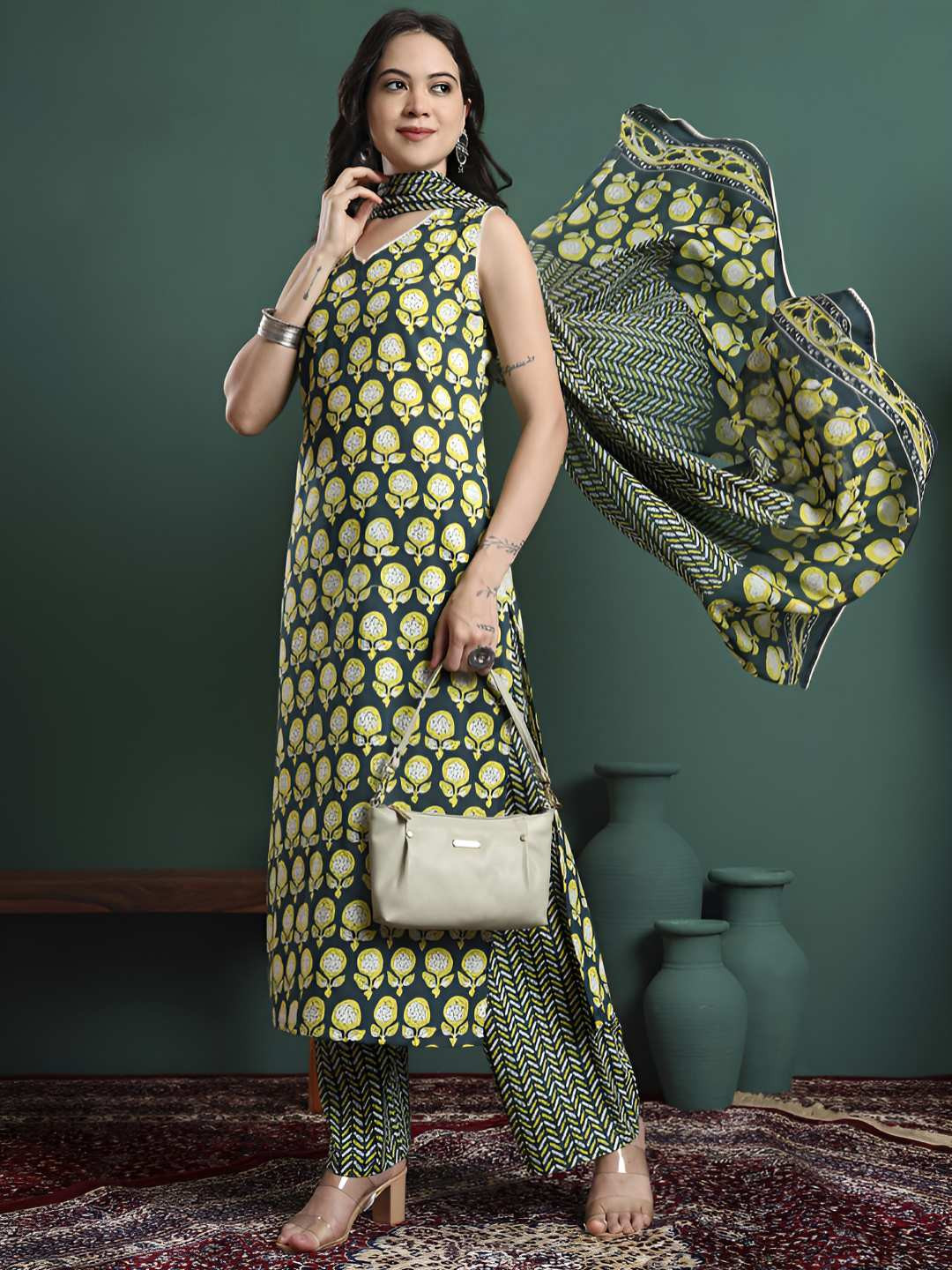 NYPA Women Floral Printed Regular Pure Cotton Kurta with Trousers & Dupatta