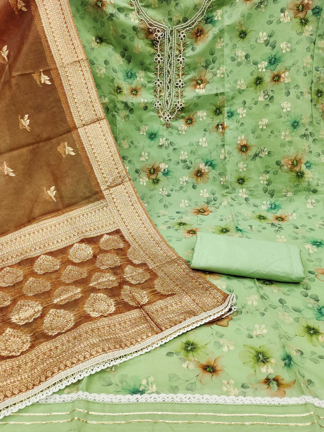 KALINI Silk Blend Green Woven Design Dress Material