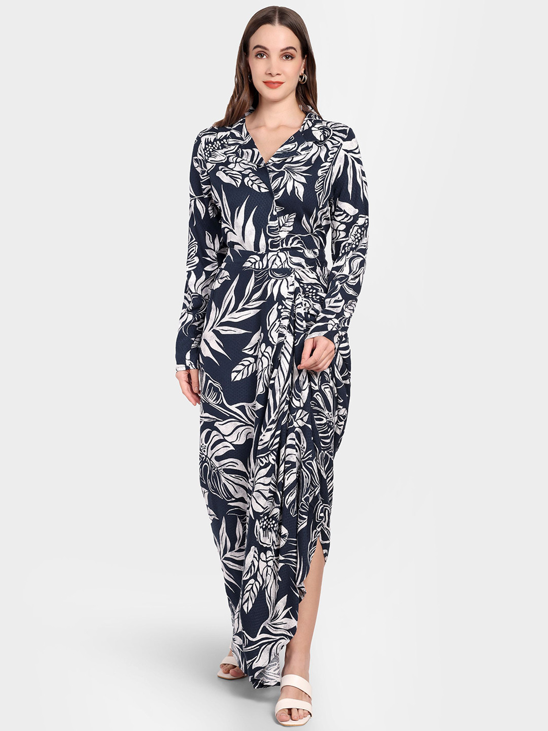 theulluu.com Printed Shirt Collar Belted Top With Skirt