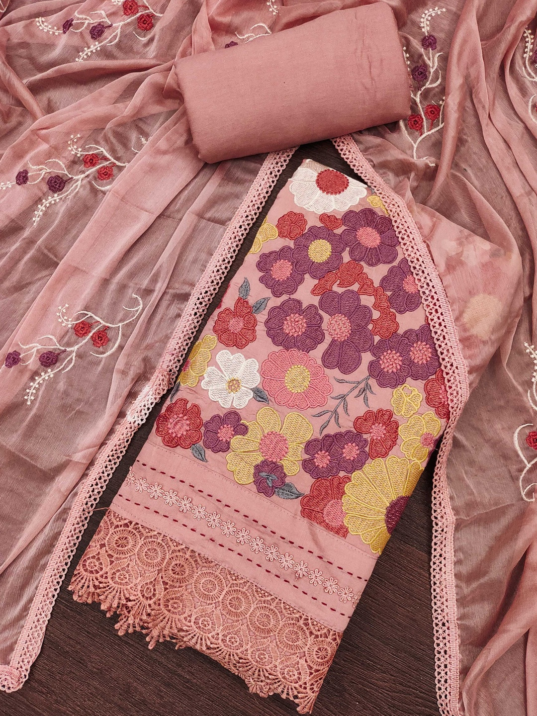 KALINI Cotton Blend Peach Embroidered Dress Material