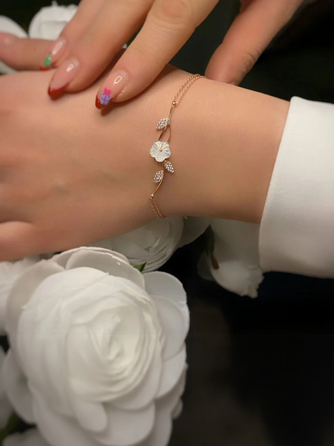 Zarkan Women 925 Hallmark Silver Cubic Zirconia Rose Gold-Plated Charm Flower Bracelet